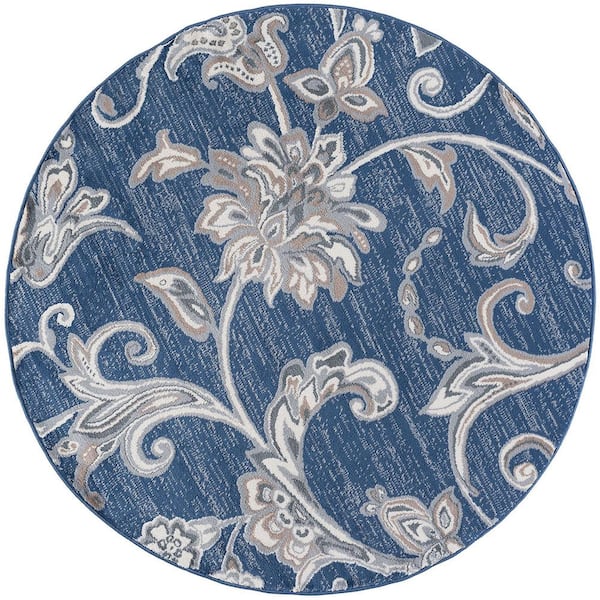Tayse Rugs Madison Floral Navy 6 ft. Round Indoor Area Rug