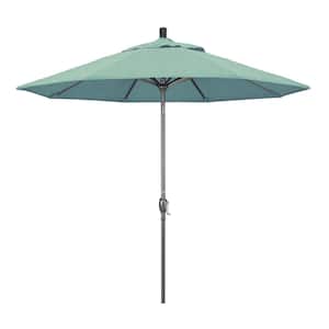 9 ft. Hammertone Grey Aluminum Market Patio Umbrella with Push Button Tilt Crank Lift in Spa Sunbrella