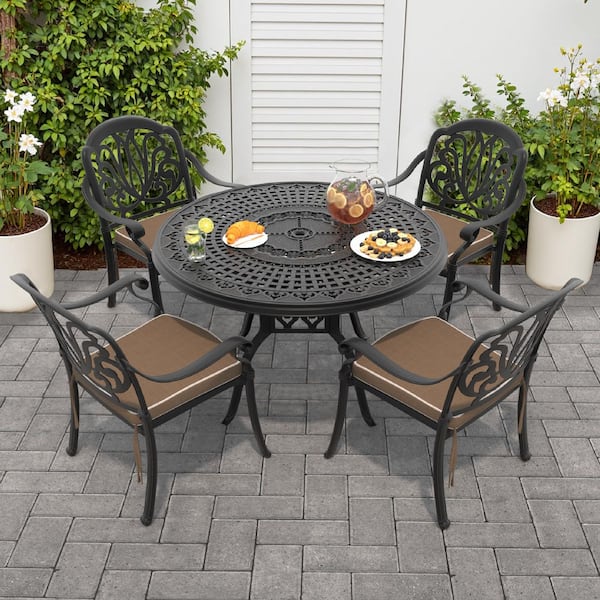 Elizabeth Black 5-Piece Cast Aluminum Outdoor Dining Set with Round Table, Dining Chairs and Random Color Seat Cushion