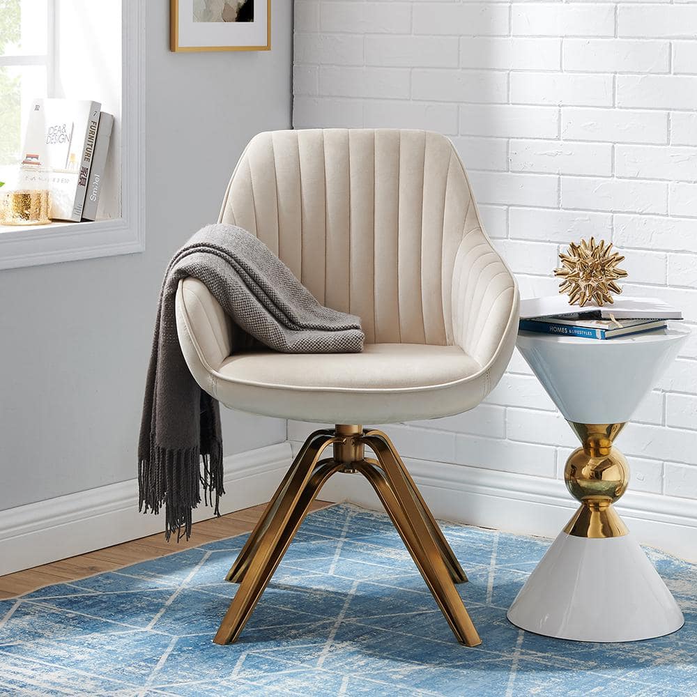 Off-White Contemporary Swivel Accent Chair with Gold Metal Legs