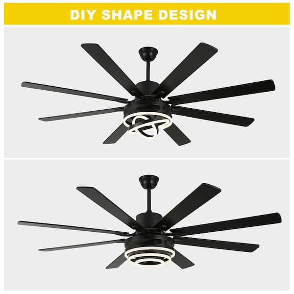 Maya 72 in. Indoor Matte Black DIY Shape Dimmable Modern Ceiling Fan with LED Light Reversible 6-Speed Ceiling w/ Remote