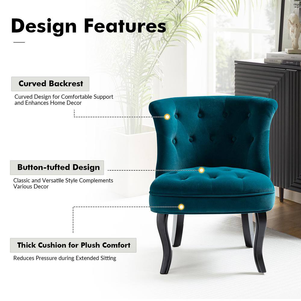 Teal Velvet Button-Tufted Armless Accent Chair with Wooden Legs
