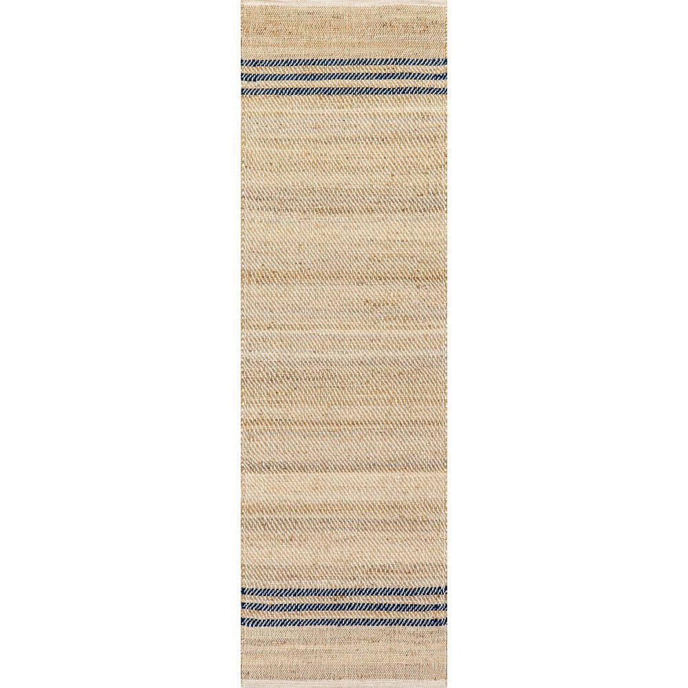 Natural Jute Flatwoven Runner Rug with Blue Stripes, 2' x 8'