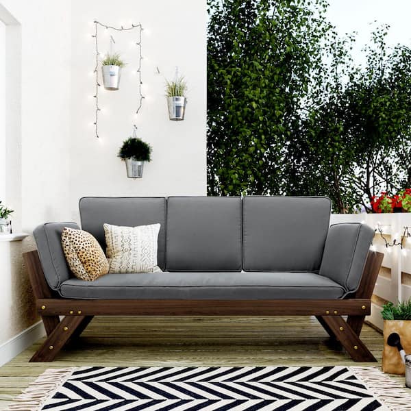 Unbranded Brown Wood Outdoor Adjustable Day Bed Sofa Chaise Lounge with Gray Cushions