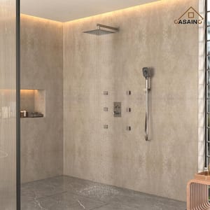 6-Spray Thermostatic Dual Shower Heads 12 in. Wall Mount Fixed and Handheld Shower Head 6-Jets,2.5 GPM in Brushed Nickel