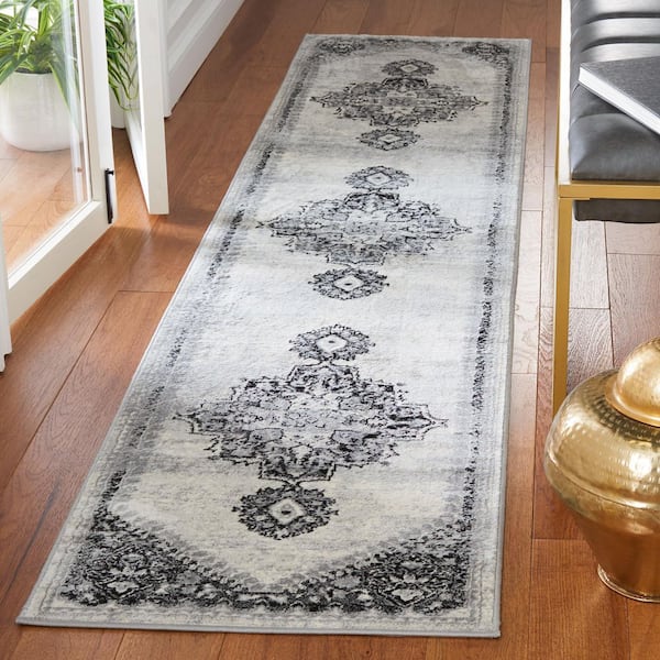 Brentwood 2 ft. x 9 ft. Gray/Black Medallion Traditional Runner Rug