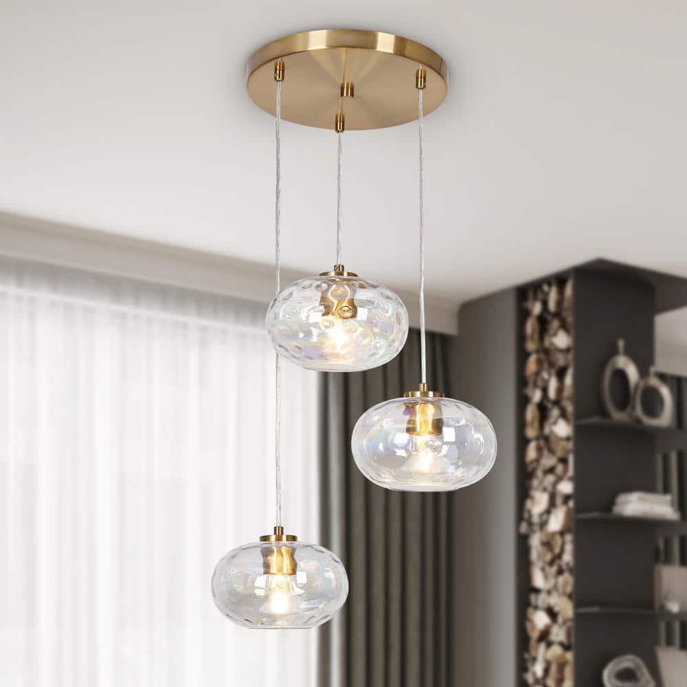 Modern Brass and Crystal 3-Light Cluster Pendant Chandelier