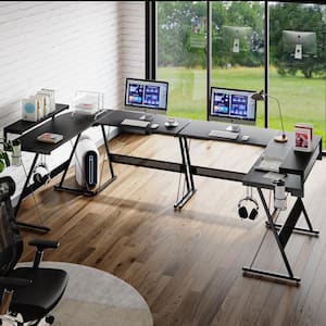 65 in. L Shaped Gaming Desk with Monitor Stand Black Carbon Fiber Reversible Computer Desk