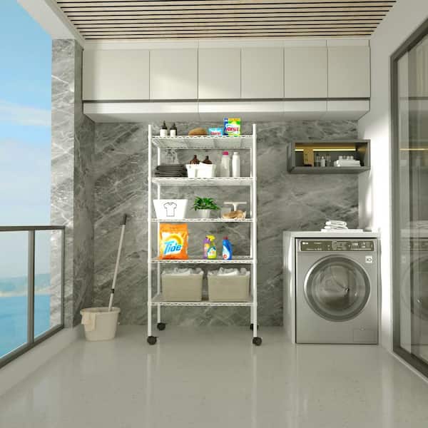Tunearary 60.00 in. H x 30.00 in. W x 14.00 in. D 5-Layer Outdoor White Metal Storage Shelf, Adjustable, with Horizontal Corners