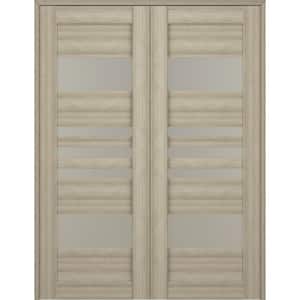 Leti 48 in. x 80 in. Both Active 5-Lite Frosted Glass Shambor Finished Wood Composite Double Prehung French Door