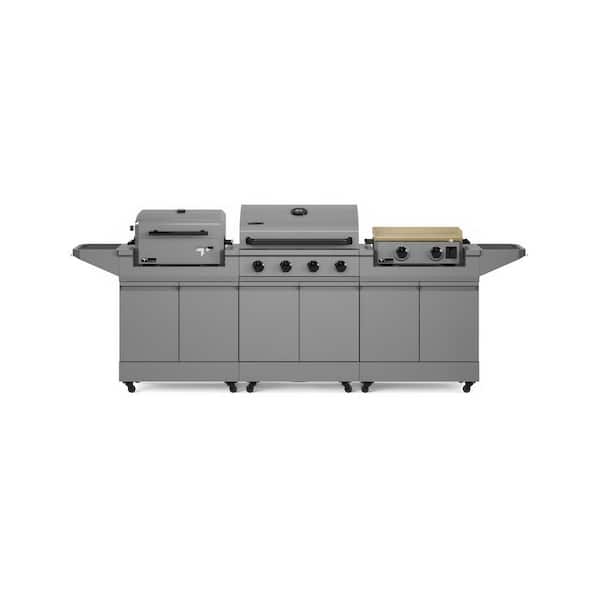Modular 4-Burner Gas Grill, Charcoal Grill with Cart and 2-Burner Gas Griddle with Cart in Gray