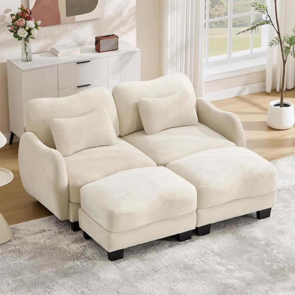 70.8 in. 4-Piece Chenille Curved Modular Sectional Sofa Loveseat with 2 Movable Ottomans and Pillows in Beige