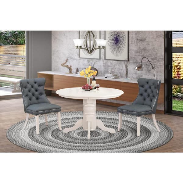 East West Furniture 3-Piece Linen white Solid Wood Top - Round Upholstered Dining Room Set - Seats 4
