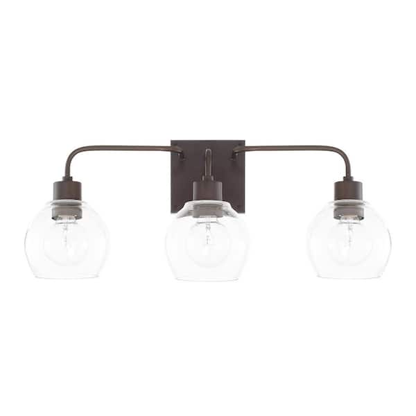 HOMEPLACE LIGHTING 24.5 in. W x 10 in. H x 7 in. E 3-Light Clear Glass Vanity Light in Bronze