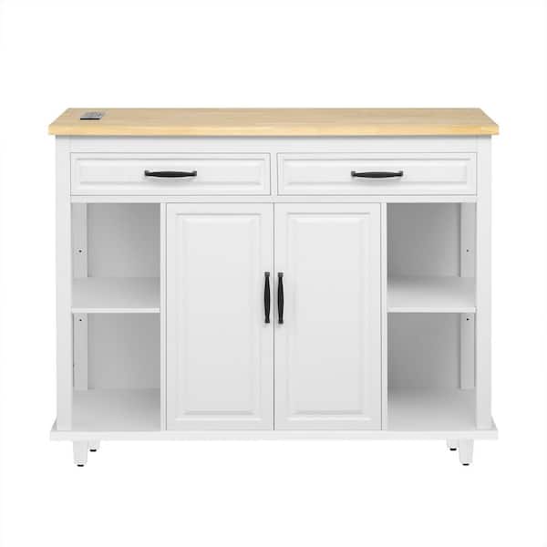 Coporesell White Rubber Wood 47 in. Kitchen Island with Extendable Dining Table and Power Outlet
