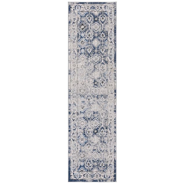 Odyssey 2 ft. x 8 ft. Gray/Navy Distressed Border Oriental Runner Rug
