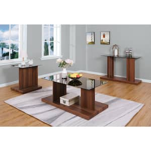 Cricket 3-Piece 47.25 in. Black and Dark Walnut Rectangle Glass Coffee Table Set
