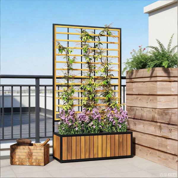 VAMOP Teak 3-Tier Acacia Wood Rectangular Planter Box with Trellis