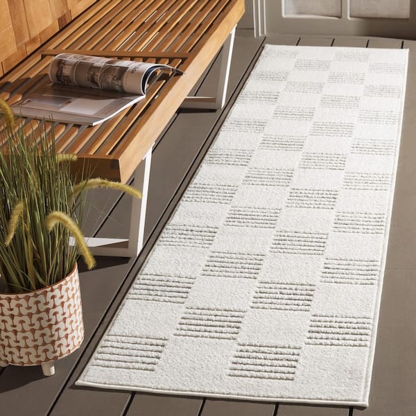 Stella Ivory/Beige 2 ft. x 8 ft. Checkered Solid Stripe Indoor/Outdoor Runner Rug