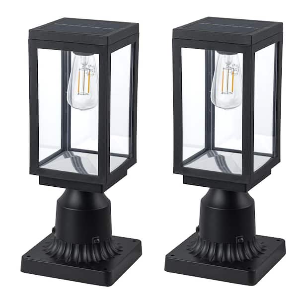 14.25 in. 1-Light Black Plastic Solar Outdoor Rust Resistant Pier Mount Light with LED Light Bulb Included (2-Pack)