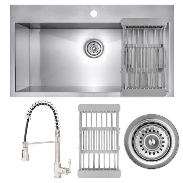 AKDY Handmade All-in-One Drop-in Stainless Steel 30 in. x 18 in. 1-Hole Single Bowl Kitchen Sink with Spring Neck Faucet