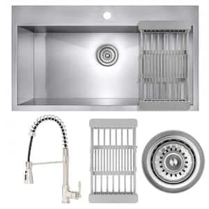 Handmade All-in-One Stainless Steel 33 in. x 22 in. Single Bowl Drop-in Kitchen Sink, Spring Neck Faucet and Drying Rack