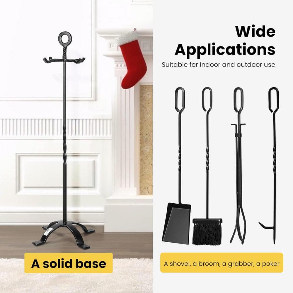 Modern Black Wrought Iron 5-Piece Fireplace Tool Set