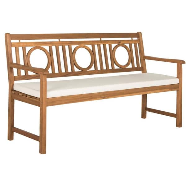 SAFAVIEH Montclair 60.6 in. 3-Person Teak Brown Acacia Wood Outdoor Bench with Beige Cushions