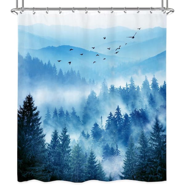 Mountain Shower Curtain 60x72 Blue Foggy Nature Scenery Smokey Pine Tree Landscape Waterproof Fabric 12 Hooks