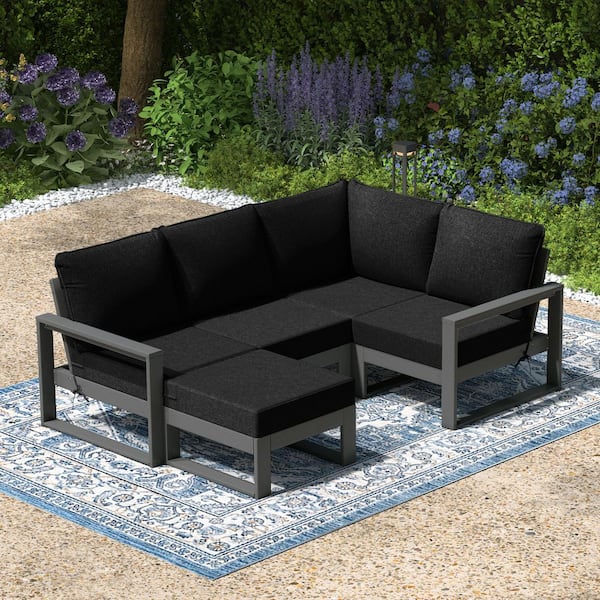 Endless Gray Frame with Black Cushions Outdoor 5-Piece All Weather Plastic Deep Seating Patio Conversation Set Ottoman