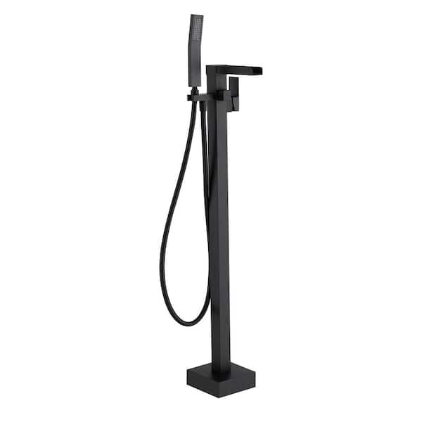 WELLFOR Single Handle Freestanding Bathtub Faucet with Waterfall Outlet Tub Filler and Hand Shower in Matte Black