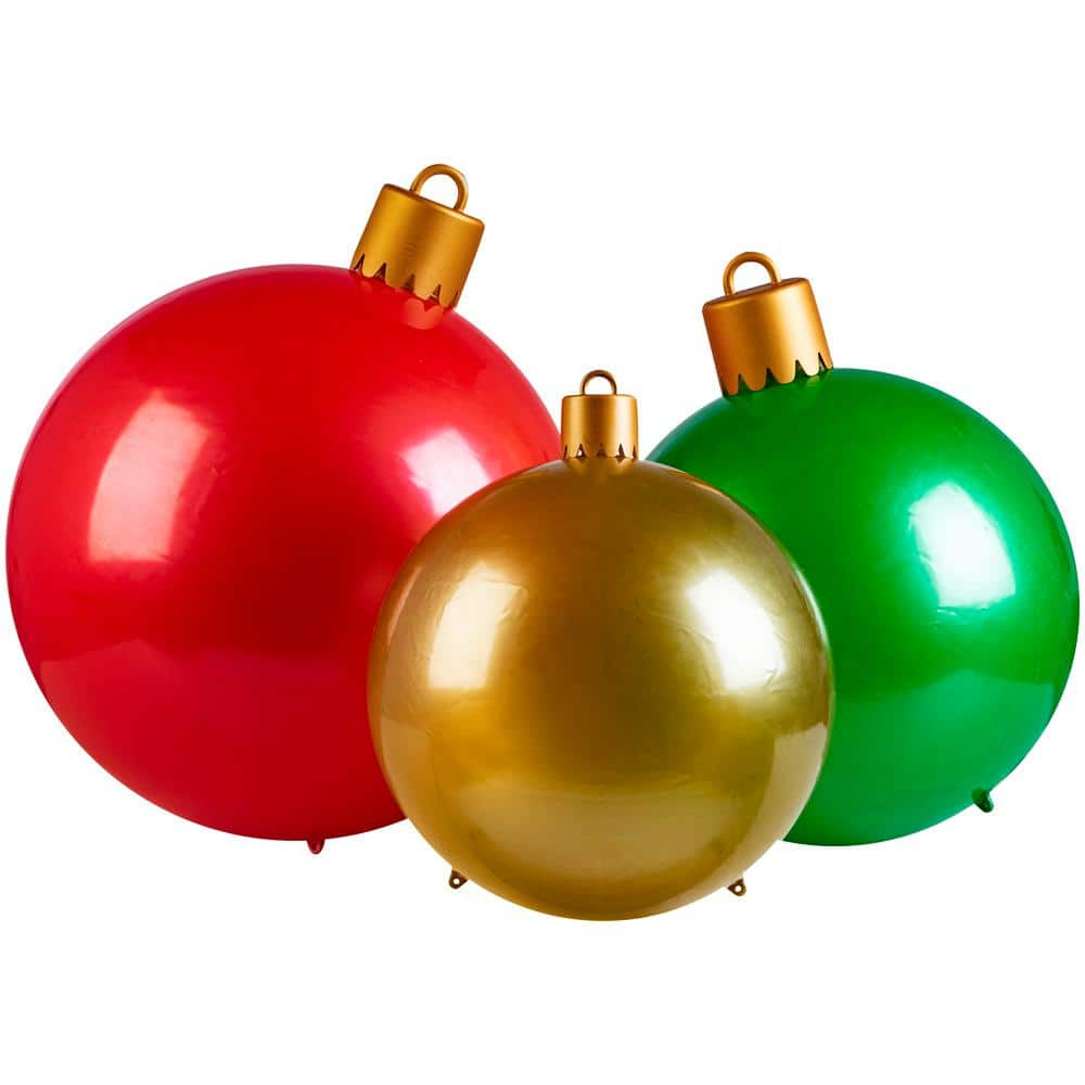 Home Accents Holiday 3-Count 30 in., 24 in., 18 in. x 5.84 ft. W Airblown Metallic Ornament Christmas Inflatable with Pump (Red/Green/Gold)