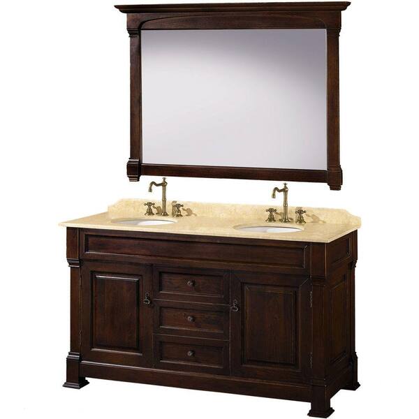 Wyndham Collection Andover 60 in. Vanity in Dark Cherry with Double Basin Marble Vanity Top in Ivory and Mirror