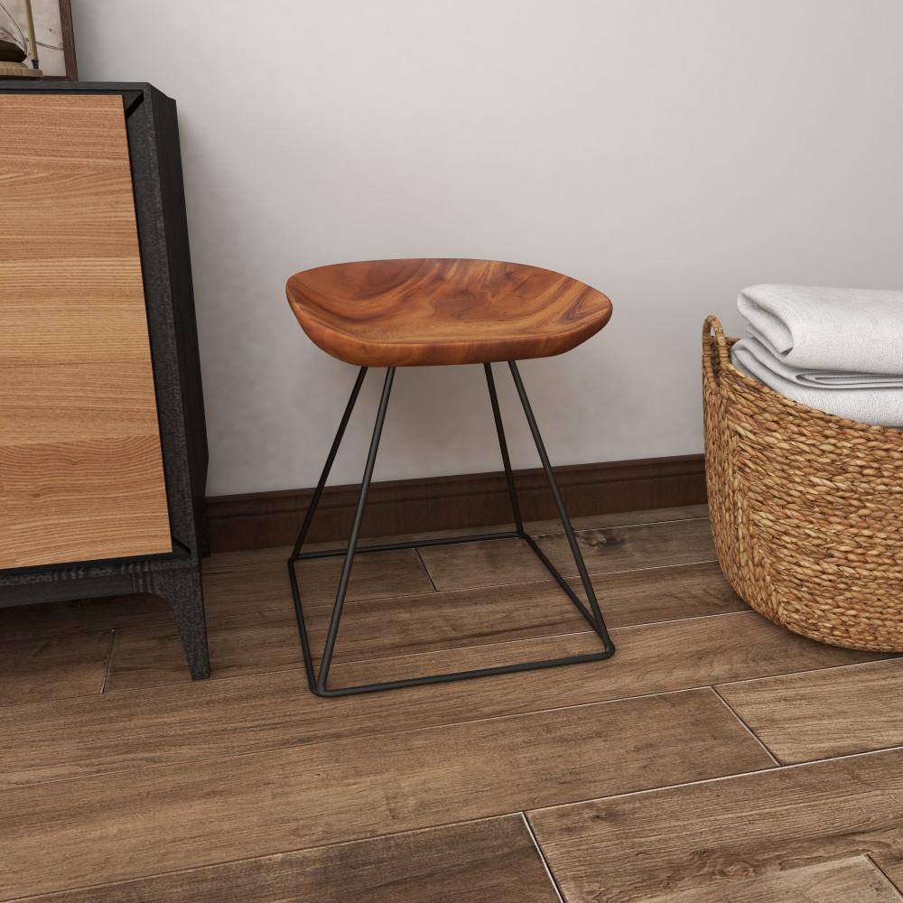 Rustic Brown Metal and Wood Backless Stool, 18"