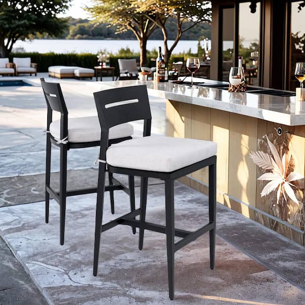 Modern Aluminum Outdoor Bar Stools, with Ergonomic Backrest, Tapered Legs, Weather-Resistant with White Cushion (2-Pack)