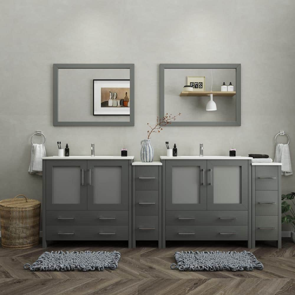 Vanity Art VA3036-96G Grey 96 Double Sink Bathroom Vanity Set with Ceramic Vanity Top