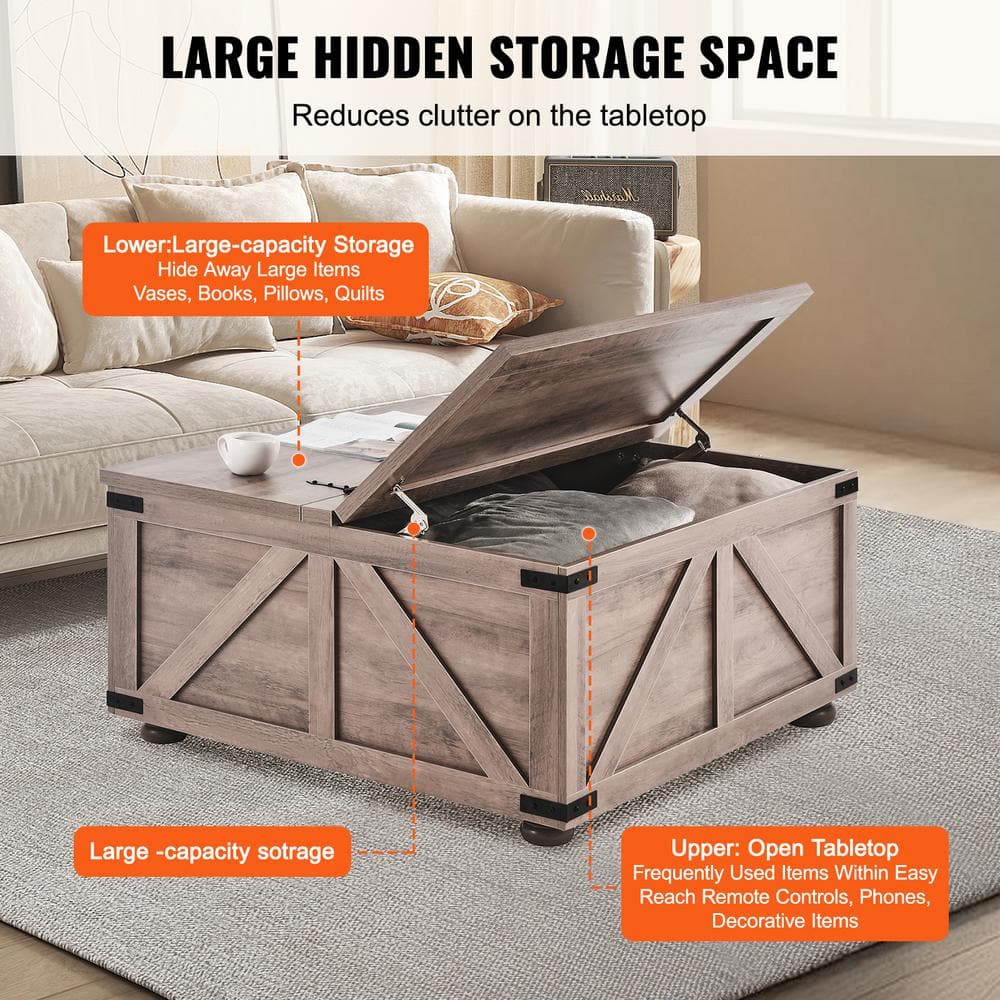 Gray-Brown Wood Square Lift-Top Coffee Table with Storage