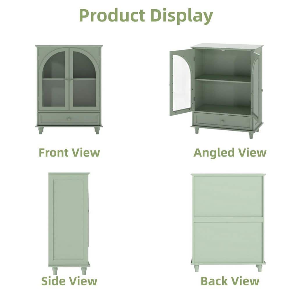 Front and angled views of the green storage cabinet.