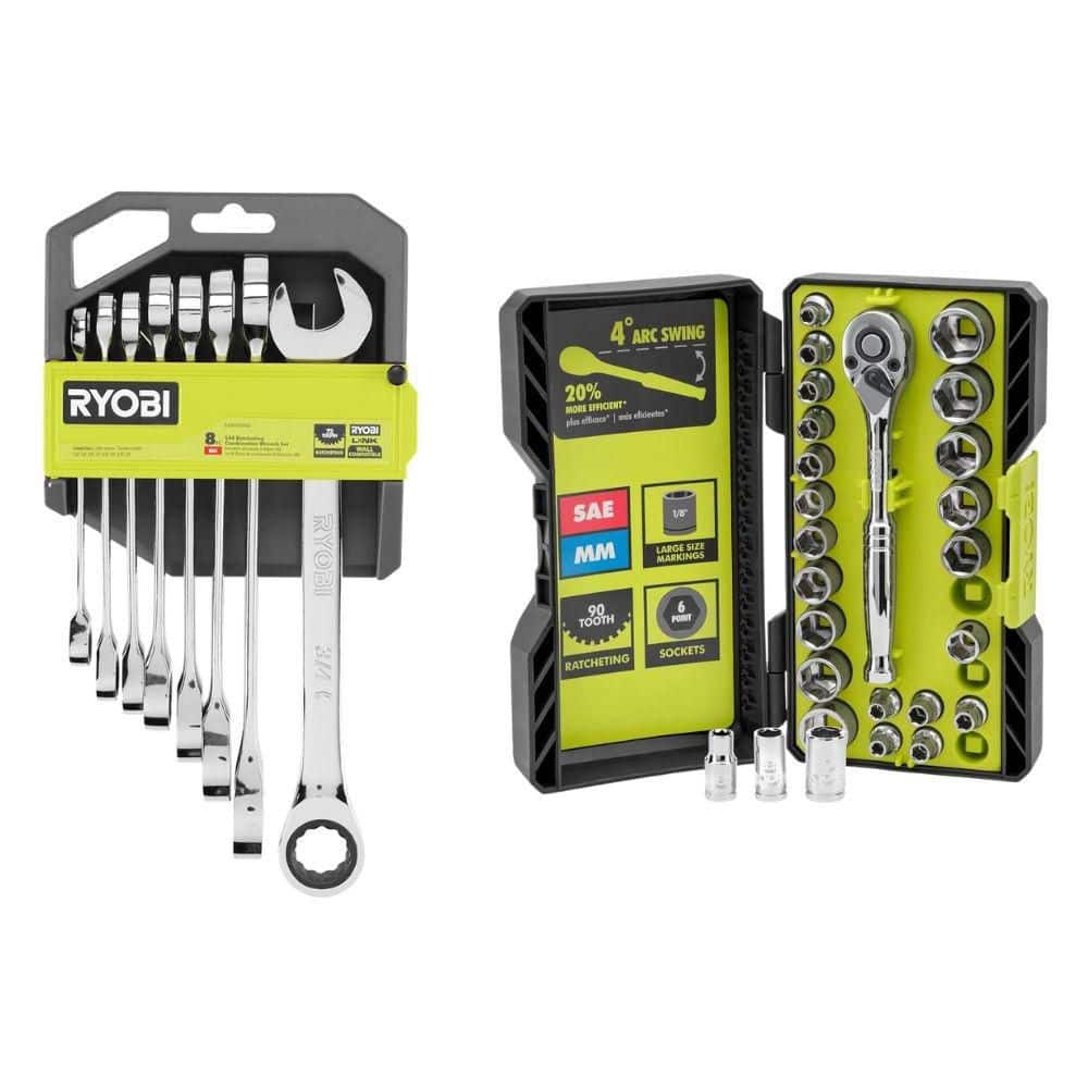Ratchit Set RYOBI SAE Ratcheting Combination Wrench Set (8-Piece) w/ 26-Piece 1/4 ...