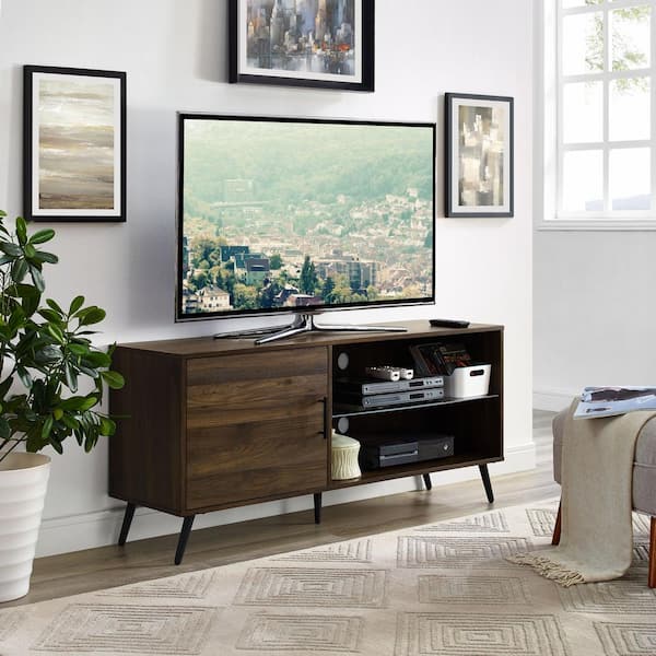 Walker Edison Furniture Company 52 in. Dark Walnut Wood TV Stand 55 in. with Glass Doors