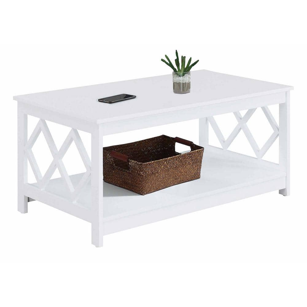 White 40" Diamond Cut-Out Wood Coffee Table with Shelf