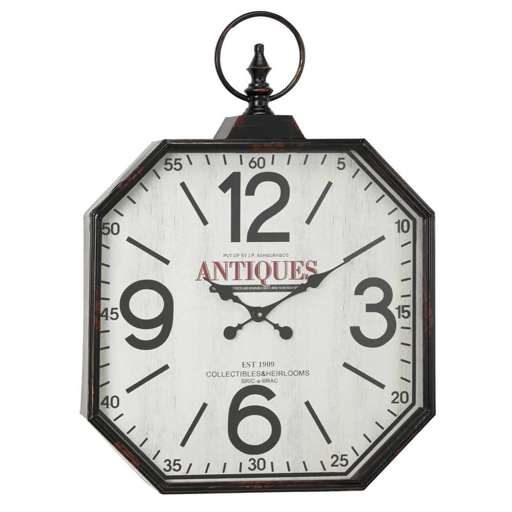 Litton Lane Oversized Octagon Shaped Antique Black Wall Clock With Large Finial Detail 90766 The Home Depot