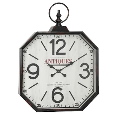 Oversized Octagon-Shaped Antique Black Wall Clock with Large Finial Detail
