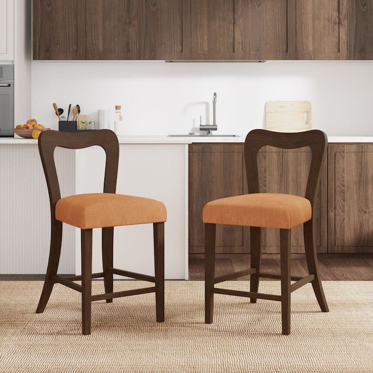 CHRISTOPHER KNIGHT HOME Aurelius 25.5 in. Modern Upholstered Counter Stools, Rubberwood, Walnut + Caramel, Set of 2