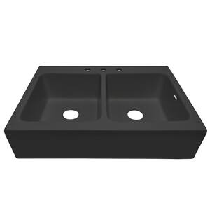 Josephine Summer Night Matte Black Fireclay 33.85 in. 3-Hole Double Bowl Quick-Fit Drop-In Farmhouse Apron Kitchen Sink