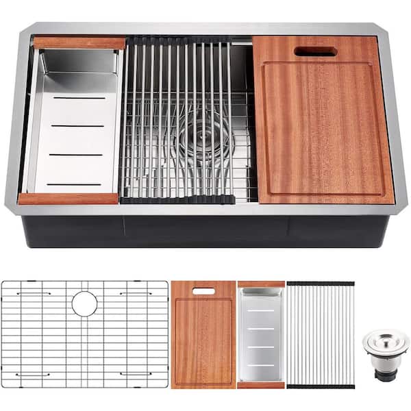 32 in. Undermount Single Bowl 18-Gauge Brushed Chrome Stainless Steel Kitchen Sink