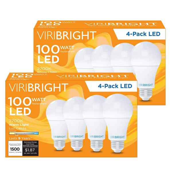 Viribright 100-Watt Equivalent A19 80 Plus CRI Indoor E26 Medium Base LED Light Bulb, Soft White 2700K 8-Pack