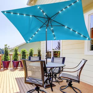 10 ft. x 6.5 ft. Rectangle Solar LED Outdoor Patio Market Table Umbrella with Push Button Tilt and Crank in Lake Blue