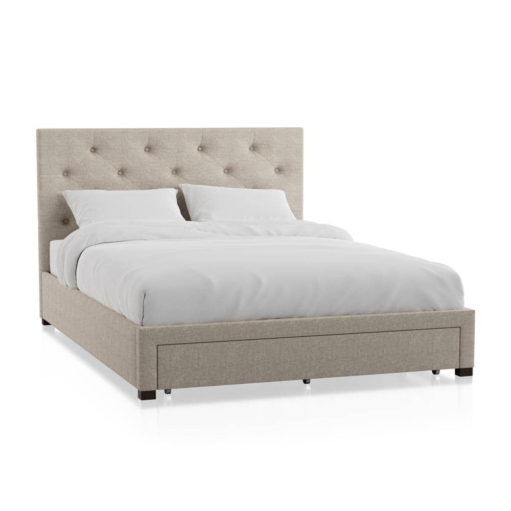 Stevies Beige California King Upholstered Wood Frame Platform Bed With Foot Drawer price history on PriceWatchPro