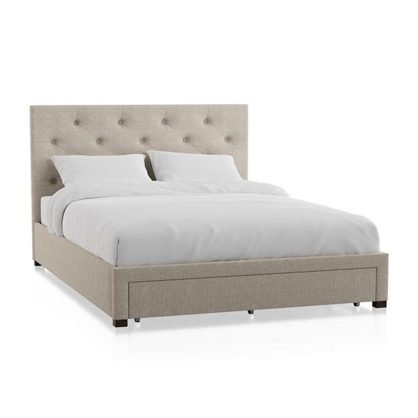 Furniture of America Stevies Beige California King Upholstered Wood Frame Platform Bed With Foot Drawer